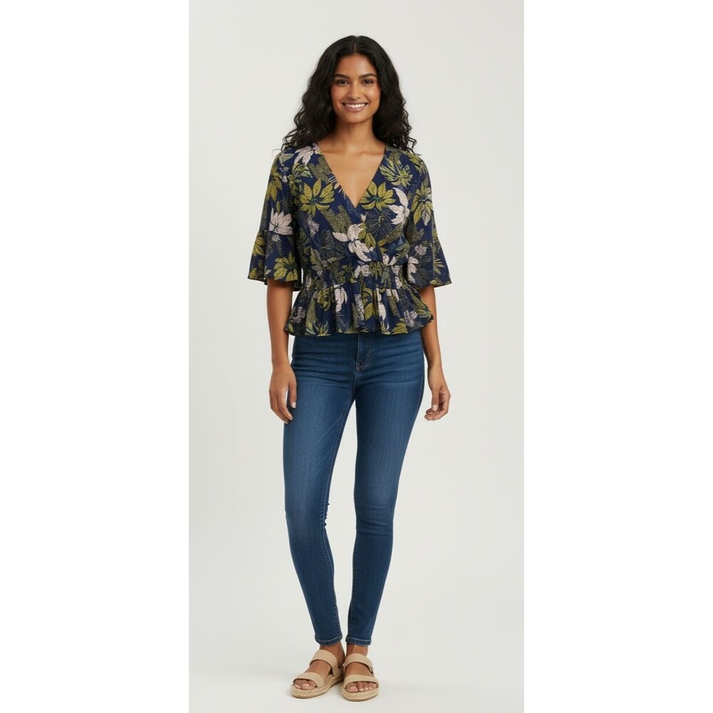 Lost + Wander Navy Isla Botanical Floral V-Neck Flutter Sleeve Blouse Size Large